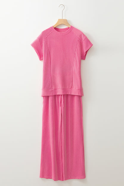 Bright Pink Solid Corded Knit Short Sleeve T Shirt and Wide Leg Pants Set