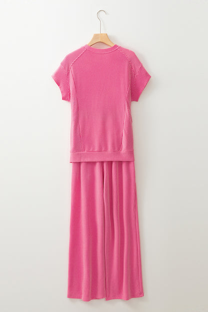 Bright Pink Solid Corded Knit Short Sleeve T Shirt and Wide Leg Pants Set